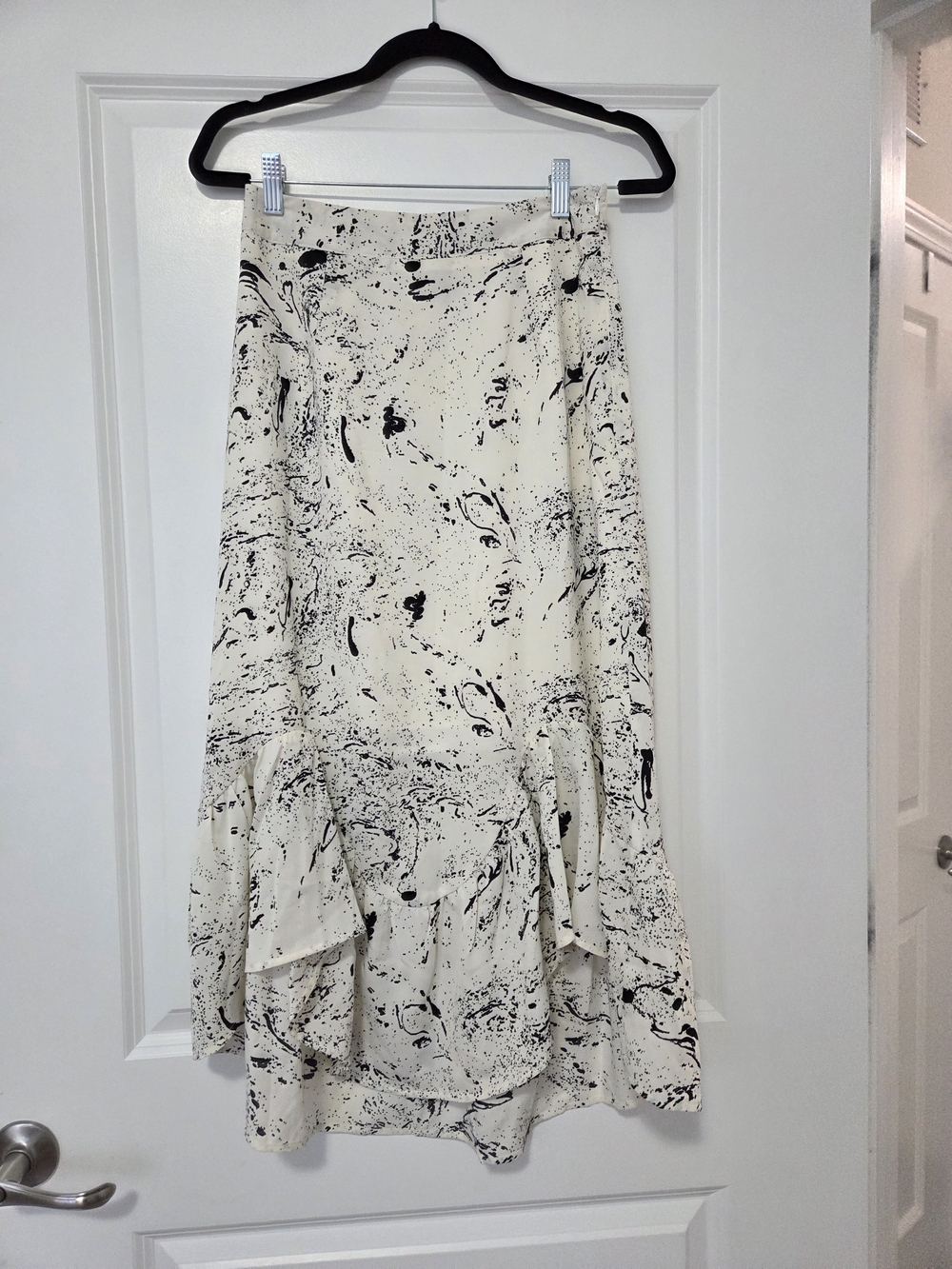 Cream and Black Abstract Print Ruffle Hem Skirt